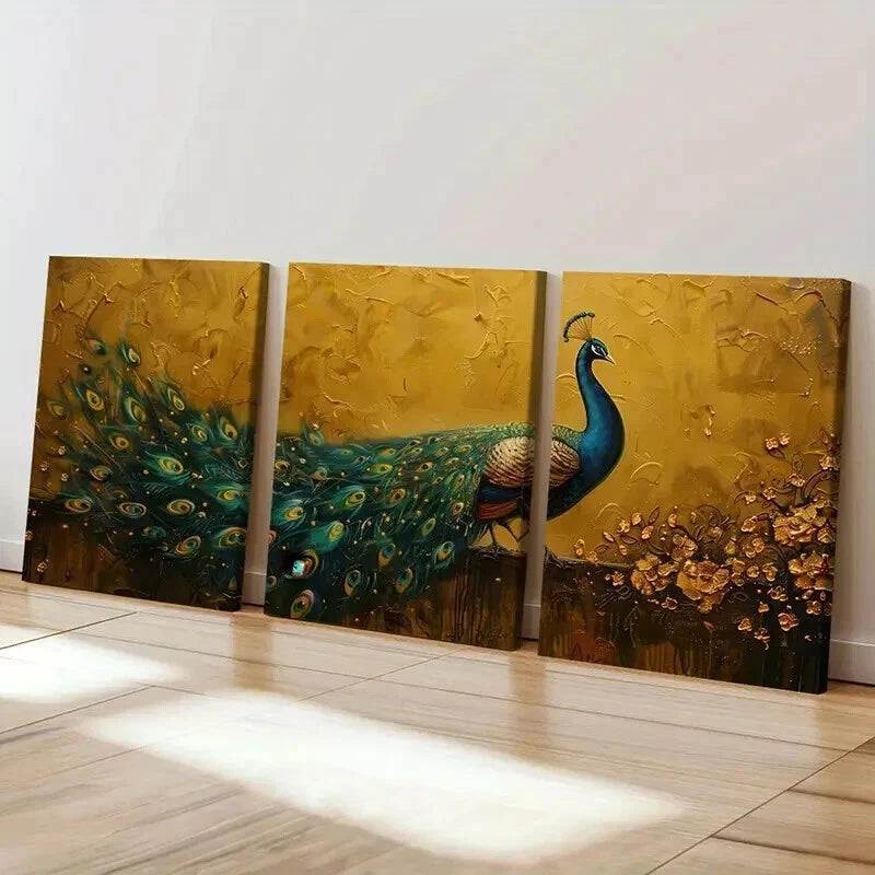 3pcs Peacock Artwork Vibrant Colors Detailed Wall Art Set Canvas Framed 40x60cm - High Quality Print 100% Australian Made Wall Canvas Ready to Hang