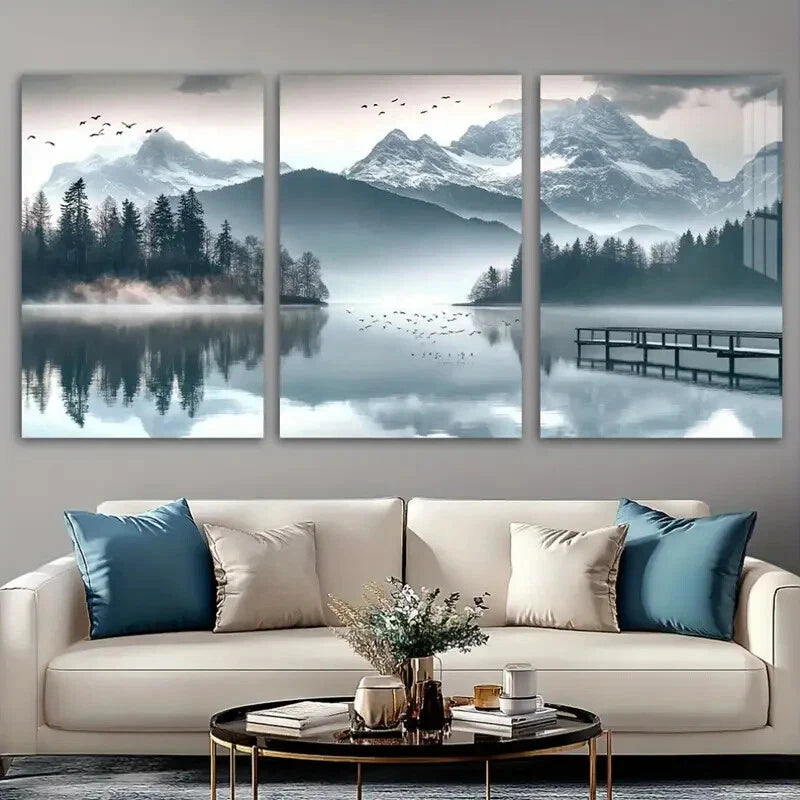 3pcs Snowy Mountains Jungle & Lake Scene Metal Print Ready to Hang Art