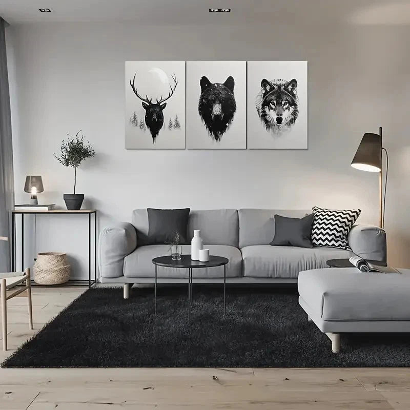 3pcs Deer Bear Wolf Modern Black and White Metal Print Ready to Hang Art