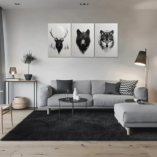 3pcs Deer Bear Wolf Modern Black and White Metal Print Ready to Hang Art