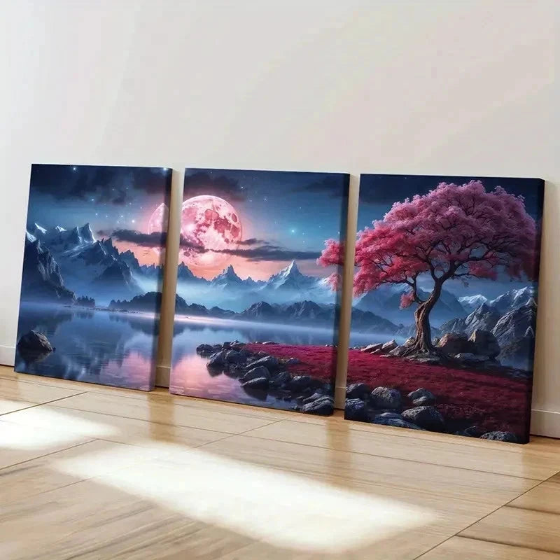 3pcs Red Moon Tree Mountains & Lake Wall Art Set Canvas Framed 40x60cm - High Quality Print 100% Australian Made Wall Canvas Ready to Hang