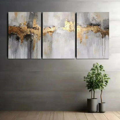 3pcs Rustic Abstract Golden & Gray Metal Print Ready to Hang Art