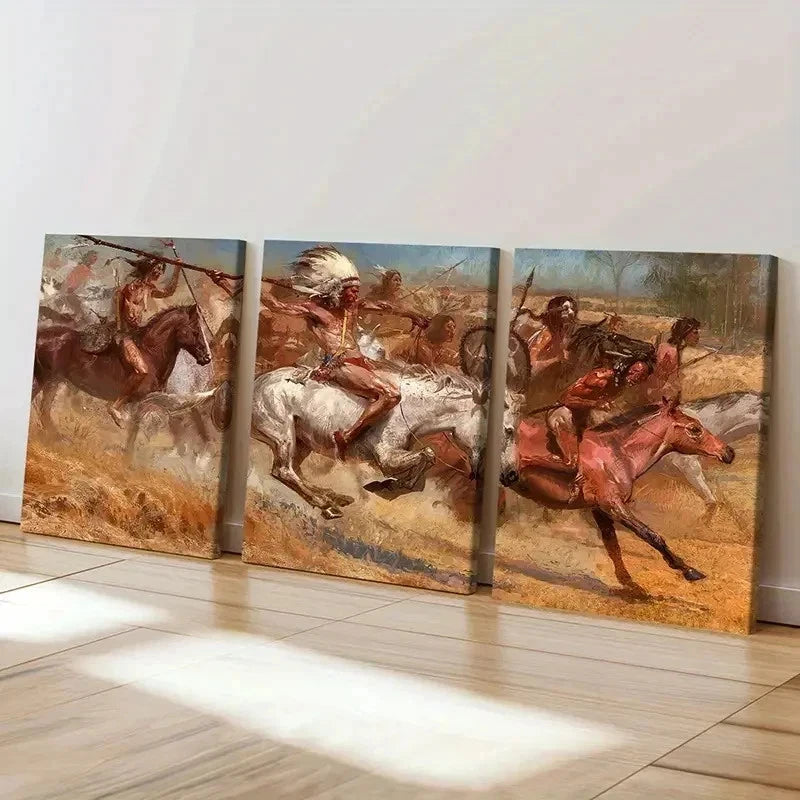 3pcs Native Americans On Horses Red Indians Wall Art Set Canvas Framed 50x70cm - High Quality Print 100% Australian Made Wall Canvas Ready to Hang