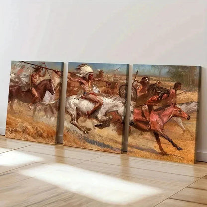 3pcs Native Americans On Horses Red Indians Wall Art Set Canvas Framed 50x70cm - High Quality Print 100% Australian Made Wall Canvas Ready to Hang