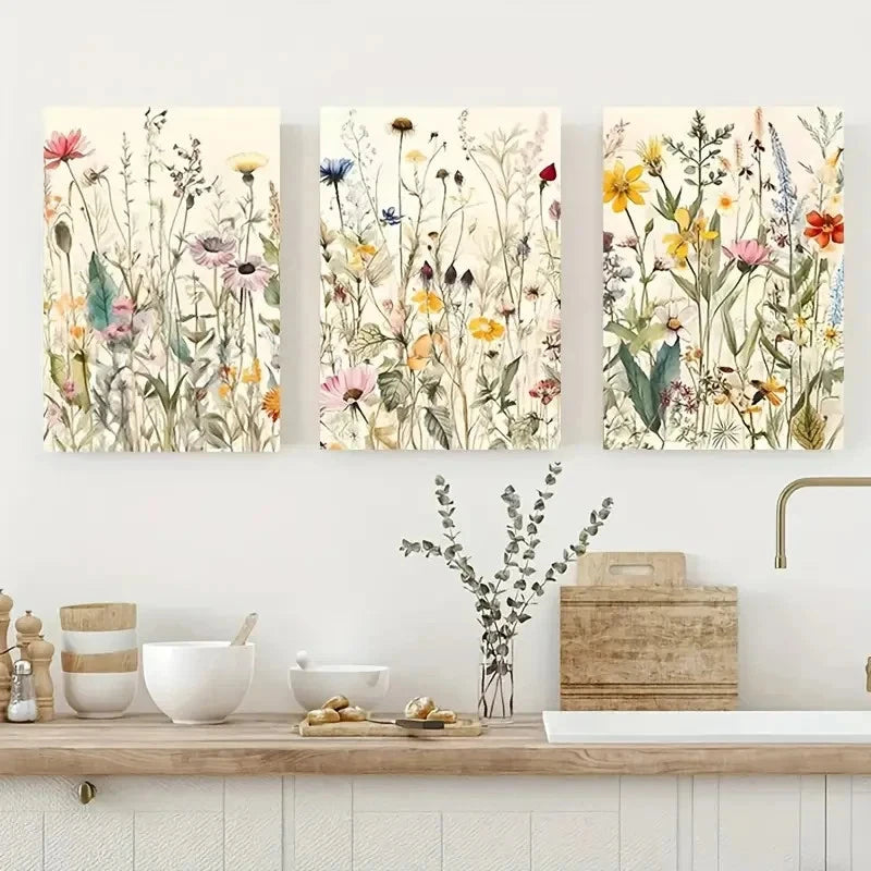 3pcs Watercolor Wildflowers Leaves Plants Painting Metal Print Ready to Hang Art