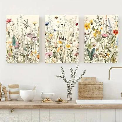 3pcs Watercolor Wildflowers Leaves Plants Painting Metal Print Ready to Hang Art