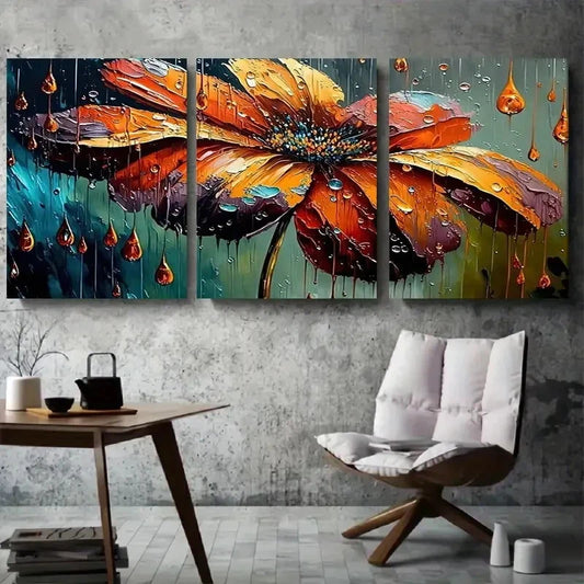 3pcs Vibrant Orange Flower in Rain Wall Art Set Canvas Framed 60x90cm - High Quality Print 100% Australian Made Wall Canvas Ready to Hang