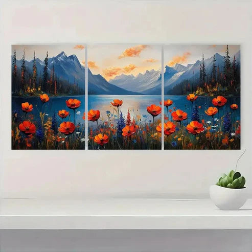 3pcs Vibrant Wildflower Scenery Lake Wall Art Set Canvas Unframed - High Quality Print 100% Australian Made Wall Canvas