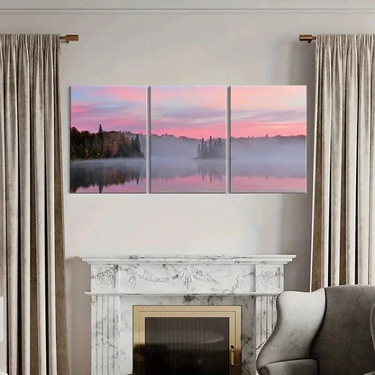 3pcs Lake Misty Forest Pink Sky Sunrise Wall Art Set Canvas Framed 40x60cm - High Quality Print 100% Australian Made Wall Canvas Ready to Hang