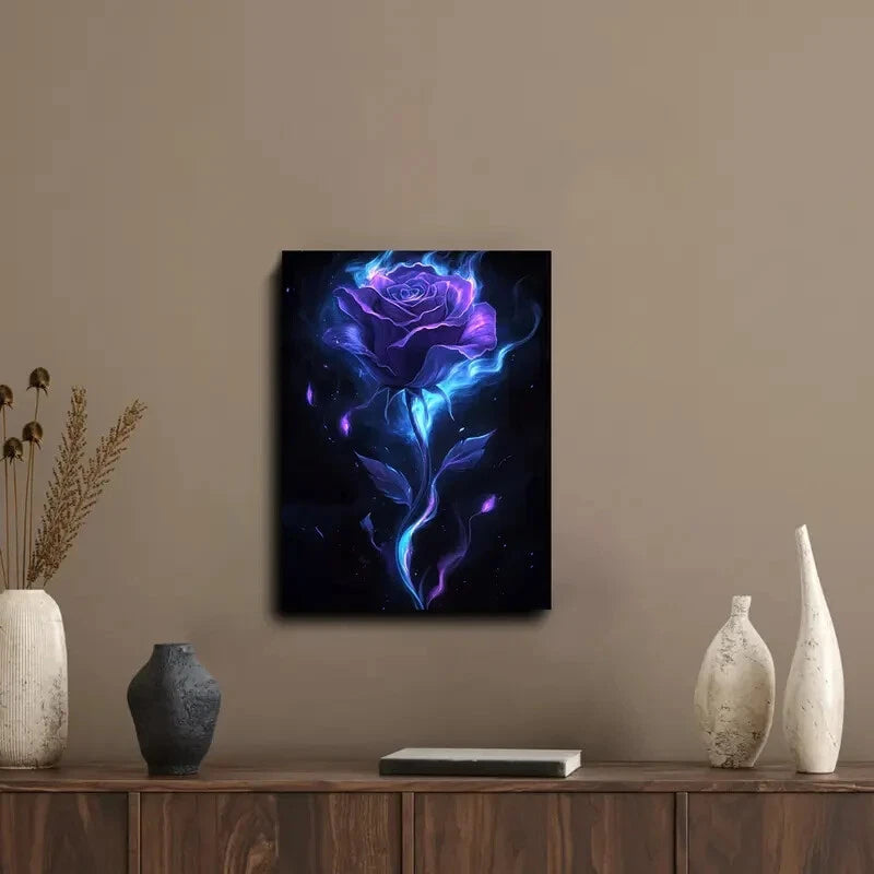 Dark Fantasy Purple Rose Blue Liquid Accents on Dark 40x60cm Metal Print Ready to Hang