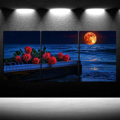 3pcs Red Rose Piano by The Sea Waves Metal Print Ready to Hang Art