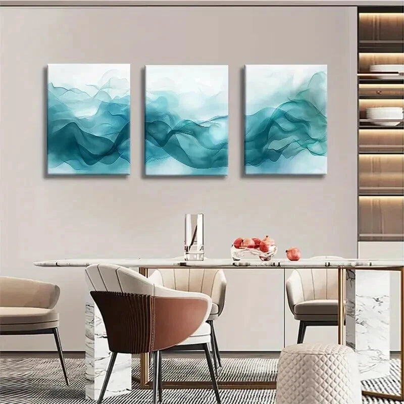 3pcs Minimalist Fluid Teal Wave Design Wall Art Set Canvas Framed 50x70cm - High Quality Print 100% Australian Made Wall Canvas Ready to Hang