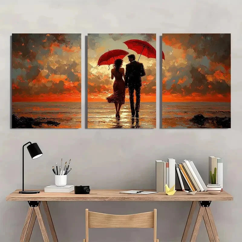 3pcs Romantic Umbrella Vibrant Sunset Beach Scene Metal Print Ready to Hang Art