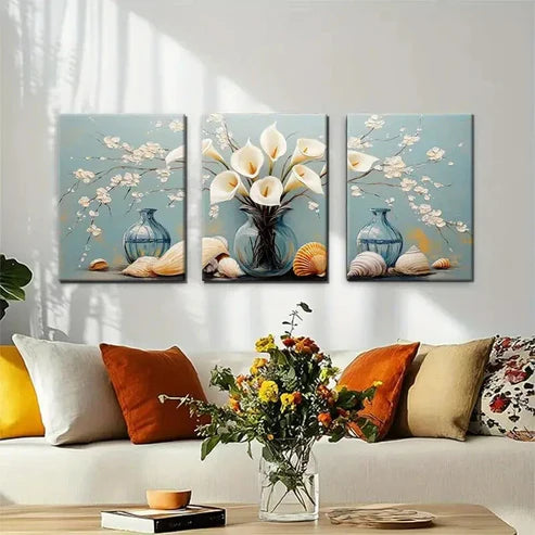 3pcs Elegant Calla Lily and Seashell Perfect Wall Art Canvas Unframed - High Quality Print 100% Australian Made Wall Canvas