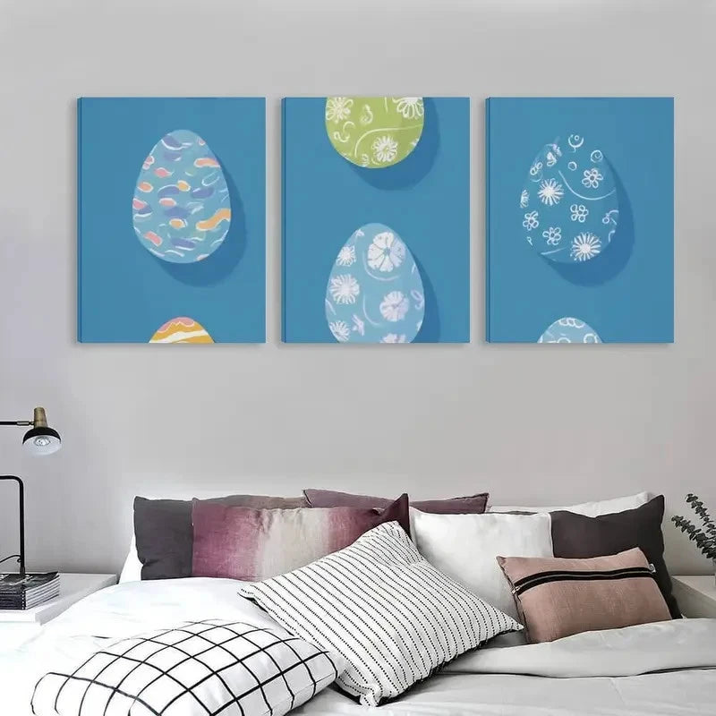 3pcs Easter Decor with Pastel Blue & Floral Wall Art Set Canvas Framed 60x90cm - High Quality Print 100% Australian Made Wall Canvas Ready to Hang