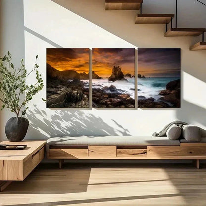 3pcs Cantabrian Coast at Sunset Natural Wall Art Set Canvas Framed 40x60cm - High Quality Print 100% Australian Made Wall Canvas Ready to Hang