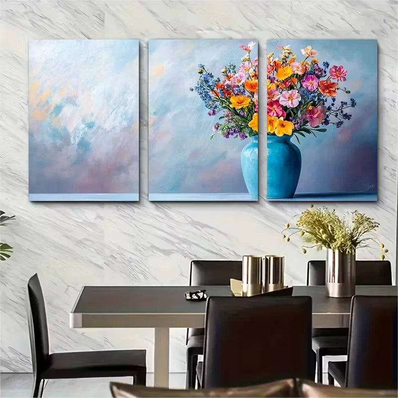 3pcs Flowers in a Blue Vase Minimalist Floral Metal Print Ready to Hang Art