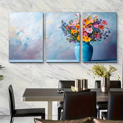 3pcs Flowers in a Blue Vase Minimalist Floral Metal Print Ready to Hang Art