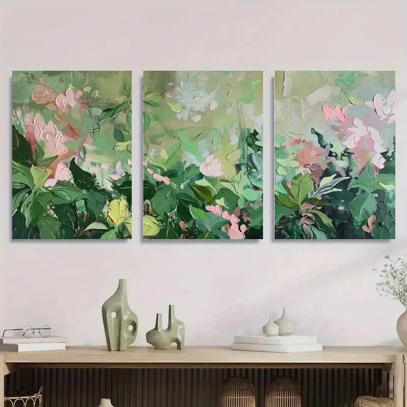 3pcs Floral Abstract Soft Pink and Green Flowers Metal Print Ready to Hang Art