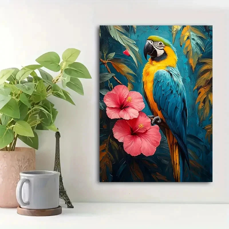 Vibrant Macaw & Hibiscus Flowers Painting 40x60cm Metal Print Ready to Hang