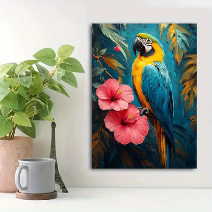 Vibrant Macaw & Hibiscus Flowers Painting 40x60cm Metal Print Ready to Hang