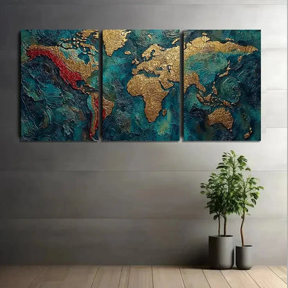 3pcs Golden & Turquoise World Map Metal Print Ready to Hang Art