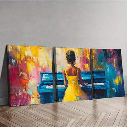 3pcs Piano Player Girl Yellow Beauty Perfect Wall Art Set Canvas Unframed - High Quality Print 100% Australian Made Wall Canvas