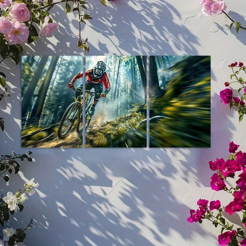 3pcs Biker Jumps on His Enduro Bike in Forest Metal Print Ready to Hang Art