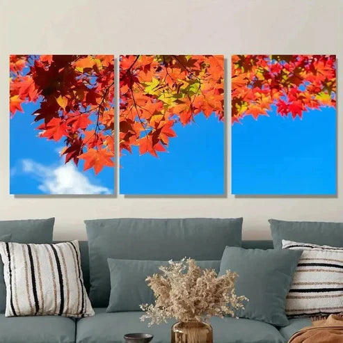 3pcs Colorful Fall Foliage with Blue Sky Vibrant Wall Art Set Canvas Unframed - High Quality Print 100% Australian Made Wall Canvas