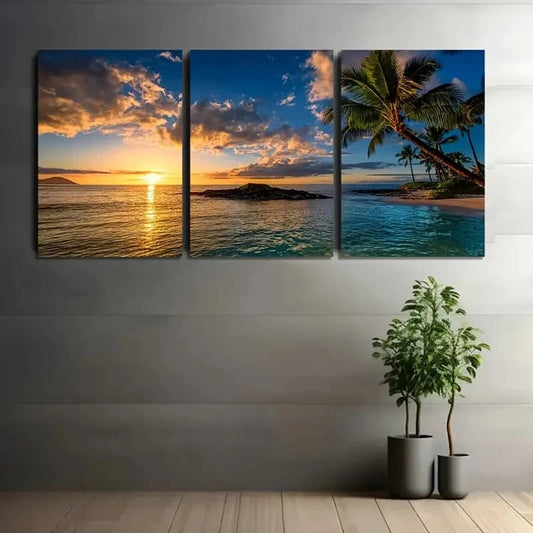 3pcs Sunset Over The Ocean with Palm Wall Art Set Canvas Framed 40x60cm - High Quality Print 100% Australian Made Wall Canvas Ready to Hang