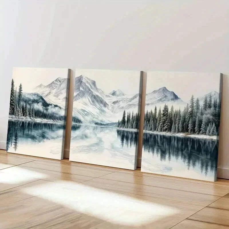 3pcs Snowy Mountains Serene Lake & Pine Trees Wall Art Set Canvas Framed 40x60cm - High Quality Print 100% Australian Made Wall Canvas Ready to Hang