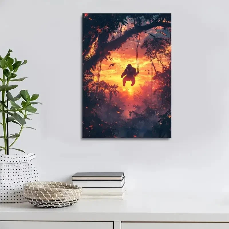 Gorilla Swing Scene with Vibrant Sunset Painting 40x60cm Metal Print Ready to Hang