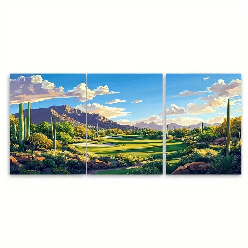 3pcs Vibrant Green Fairways & Cacti Metal Print Ready to Hang Art