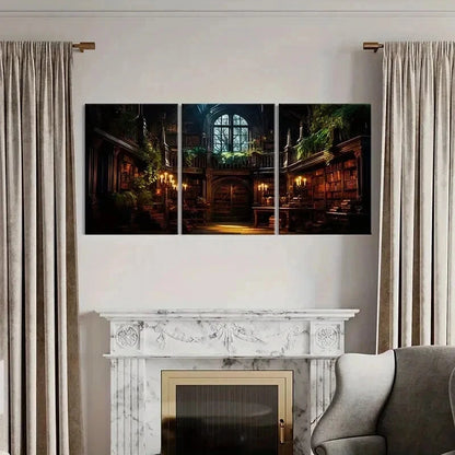 3pcs Gothic Library Bookshelves & Candles Wall Art Set Canvas Framed 40x60cm - High Quality Print 100% Australian Made Wall Canvas Ready to Hang