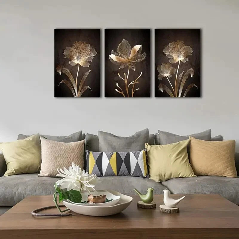 3pcs Golden Flowers Contemporary Minimalist Metal Print Ready to Hang Art
