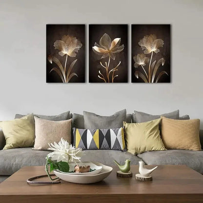 3pcs Golden Flowers Contemporary Minimalist Metal Print Ready to Hang Art