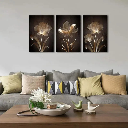 3pcs Golden Flowers Contemporary Minimalist Metal Print Ready to Hang Art