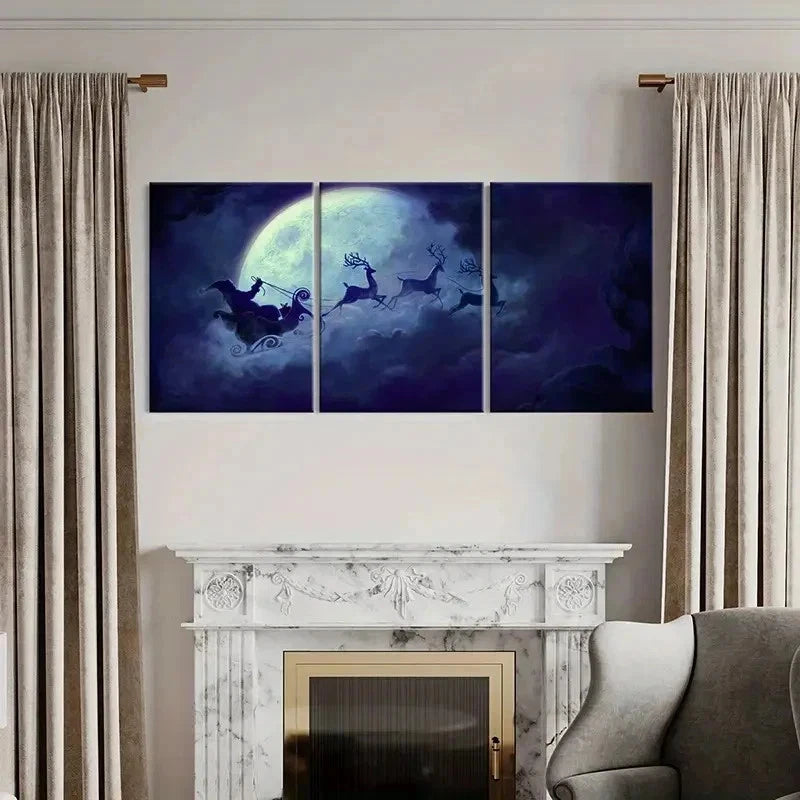 3pcs Santa Claus And Reindeer Under The Moon Wall Art Set Canvas Framed 40x60cm - High Quality Print 100% Australian Made Wall Canvas Ready to Hang