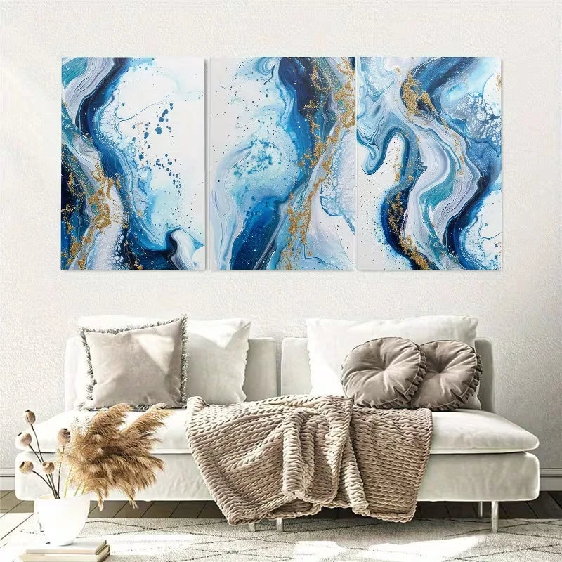 3pcs Luxury Abstract Golden Blue Painting Wall Art Set Canvas Framed 60x90cm - High Quality Print 100% Australian Made Wall Canvas Ready to Hang
