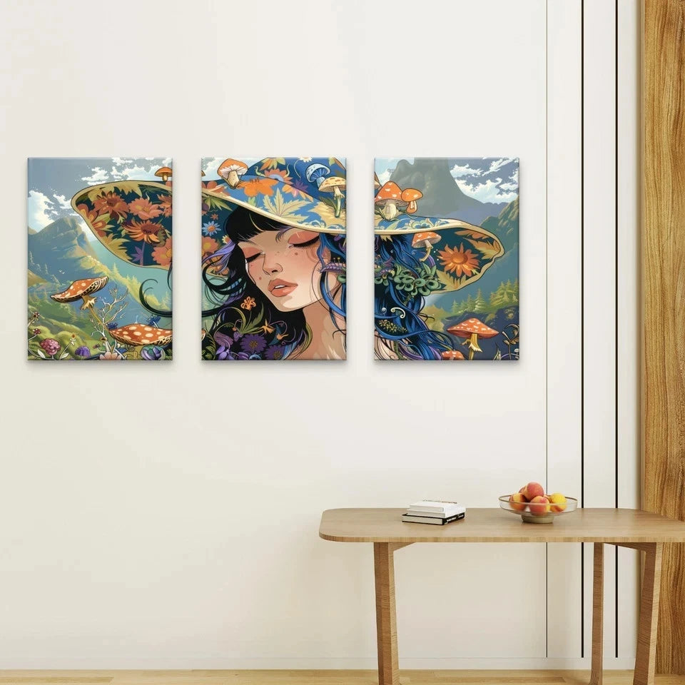 3pcs Cute Fantasy Girl with Floral Hat Wall Art Set Canvas Framed 50x70cm - High Quality Print 100% Australian Made Wall Canvas Ready to Hang