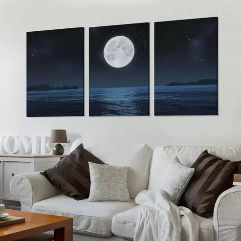 3pcs Full Moon on a Dark Night with Stars Canvas Unframed - High Quality Print 100% Australian Made Wall Canvas