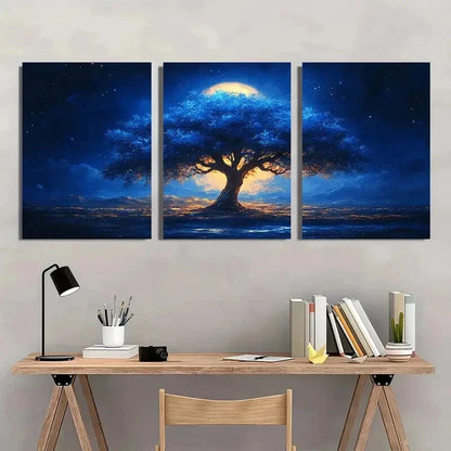 3pcs Blue Tree Landscape with Moonlit Sky Wall Art Set Canvas Framed 40x60cm - High Quality Print 100% Australian Made Wall Canvas Ready to Hang