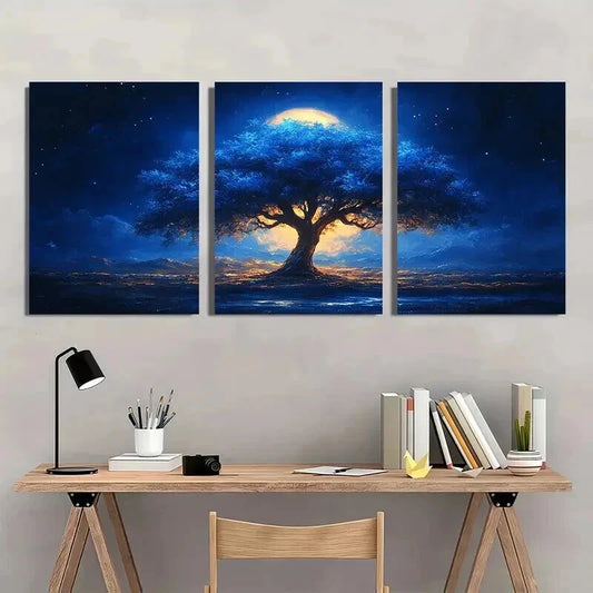 3pcs Blue Tree Landscape with Moonlit Sky Wall Art Set Canvas Framed 40x60cm - High Quality Print 100% Australian Made Wall Canvas Ready to Hang