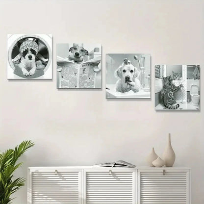 4pcs Cute Cat Dog Wall Art Canvas Framed