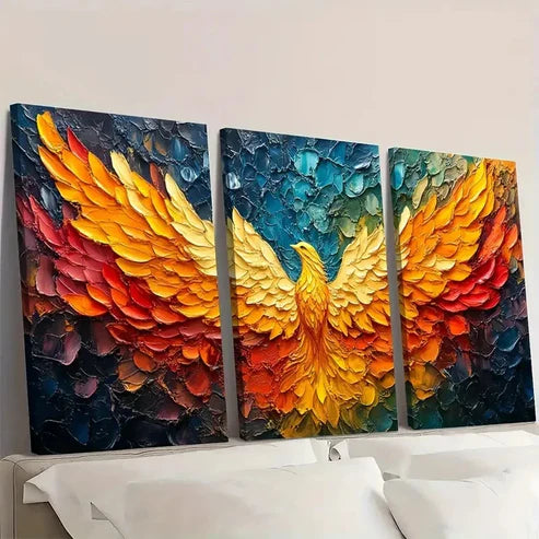 3pcs Vibrant Golden & Blue Feather Design YG Wall Art Set Canvas Unframed - High Quality Print 100% Australian Made Wall Canvas