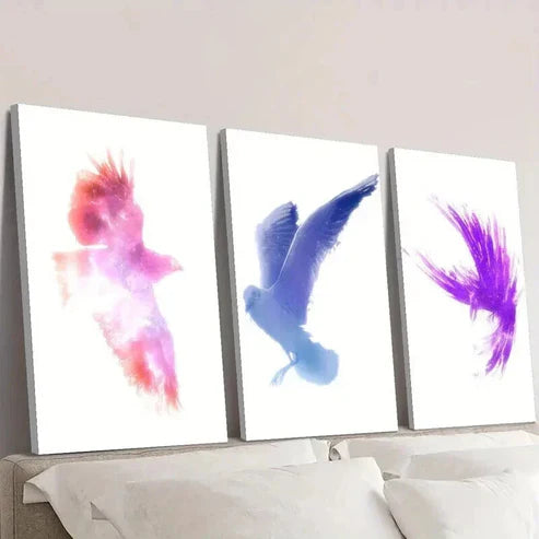 3pcs Colorful Pigeon & Crow Illustrations Wall Art Canvas Unframed - High Quality Print 100% Australian Made Wall Canvas