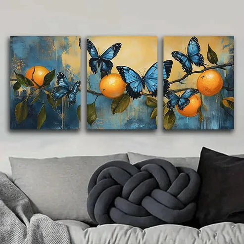 3pcs Beautiful Blue Butterflies & Orange Perfect Wall Art Set Canvas Unframed - High Quality Print 100% Australian Made Wall Canvas