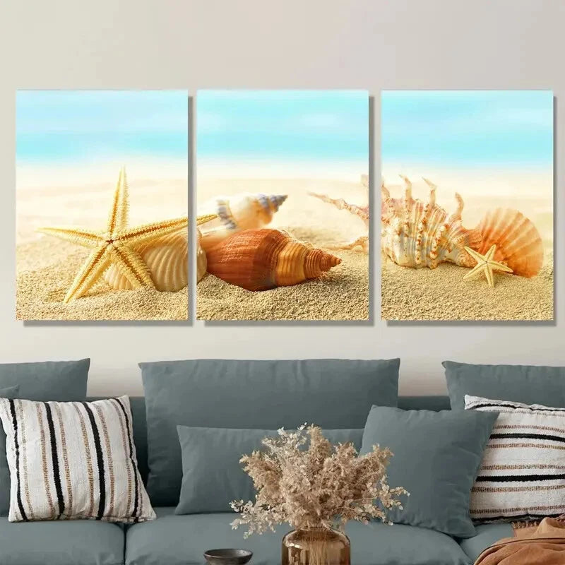3pcs Beach Seashells and Starfish Triptych Metal Print Ready to Hang Art