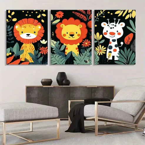 3pcs Cute Animal Safari Playful Perfect Wall Art Set Canvas Unframed - High Quality Print 100% Australian Made Wall Canvas