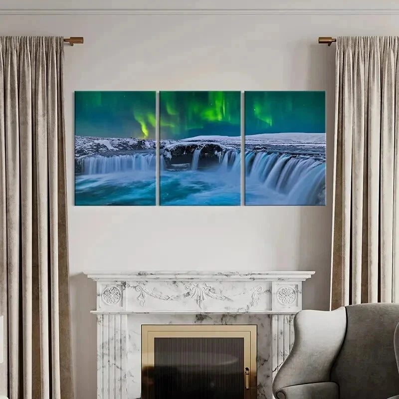 3pcs Snow Scene Aurora and Waterfall Wall Art Set Canvas Framed 40x60cm - High Quality Print 100% Australian Made Wall Canvas Ready to Hang